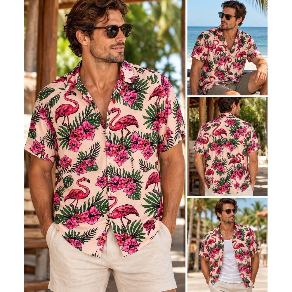 Men’s XL Flamingo Hawaiian Shirt Tropical Hibiscus Rayon Aloha Vacation